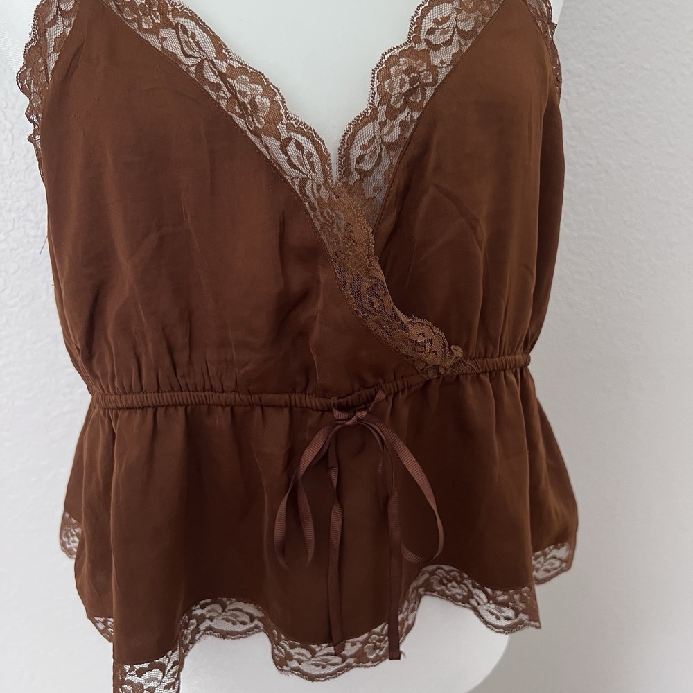 American Eagle Brown Satin Lace Wrap Cami Top Size L Coquette Fairy Grunge